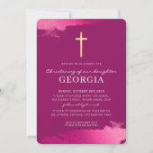 モダン《キリスト教》洗礼式や命名式金ゴールド箔クロスダークピンク 招待状 (正面)