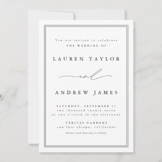 モダン クラシック 白黒 縦線 結婚式 招待状 (正面)