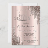 モダン クール グリッター ドリップ ローズゴールド スイート16 招待状 (正面)