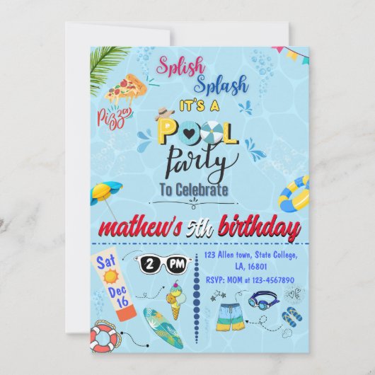 モダン クール プール サマー バースデー パーティー  招待状 (正面)