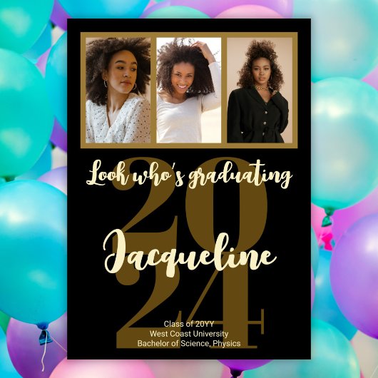 モダン グラデュエーション 2025 ゴールド スクリプト フォト コラージュ 招待状