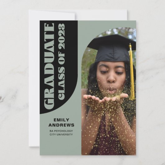 モダン グラデュエート グリーン アーチ & フォト グラデ パーティ 招待状 (正面)