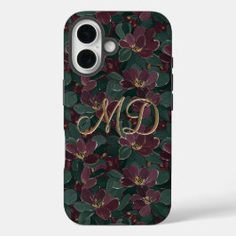 モダン グラム ムーディーフラワー エメラルド プラム ゴールド iPhone 16ケース