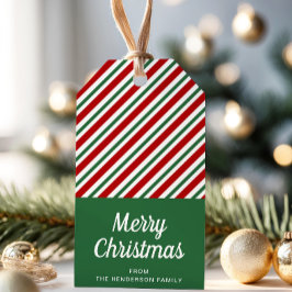 モダン グリーンとレッドのストライプ クリスマス ギフトタグ