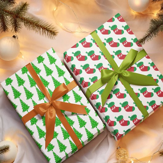 モダン グリーン クリスマスツリー ブーツ ホーリー ラッピングペーパーシート