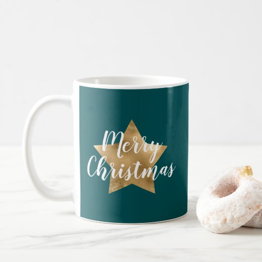 モダン グリーン ゴールド スター クリスマス コーヒーマグカップ (ドーナツ)