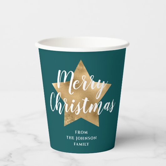 モダン グリーン ゴールド スター クリスマス 紙コップ (正面)