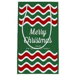 モダン グリーン ストライプ メリークリスマス スモールペーパーバッグ