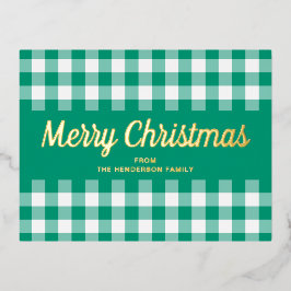 モダン グリーン チェック メリークリスマス ゴールド 箔シーズンポストカード