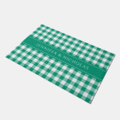 モダン グリーン プリント ギンガム 名前 ドアマット (アングル)
