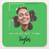 モダン グリーン ラッキー イン ラブ シャムロック クローバー フォト スクエアペーパーコースター (正面)