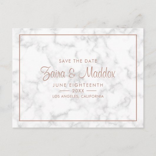 モダン グレー大理石 ローズゴールド Save the Date 案内ポストカード (正面)