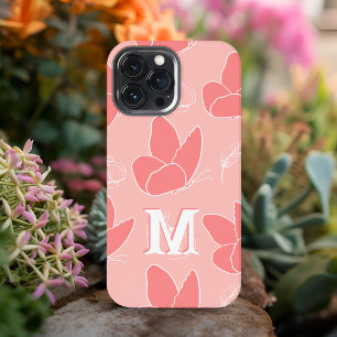 モダン コーラルピンクの蝶 モノグラムM パターン iPhone 13 PRO MAXケース