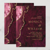 モダン ゴールデン バーガンディ マーブル アゲート ウェディング 招待状 (正面/裏面)