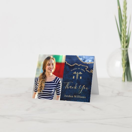 モダン ゴールデン ブルー マーブル アゲート RN 卒業祝い サンキューカード (正面)