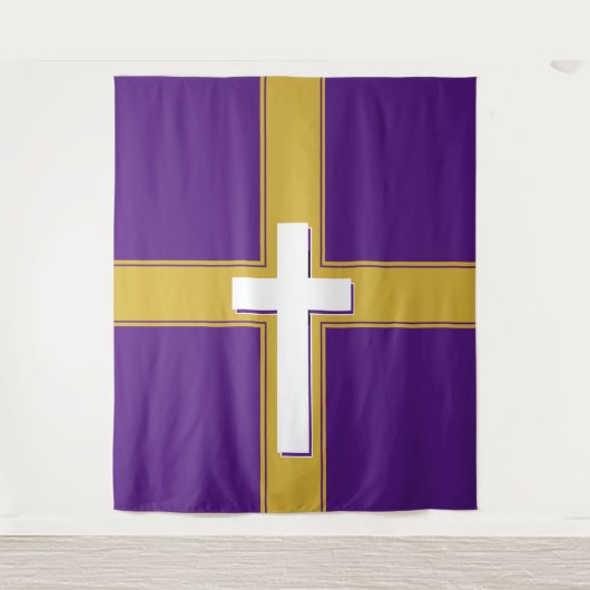 モダン | ゴールドとパープルに白いクロス | タペストリー (正面)