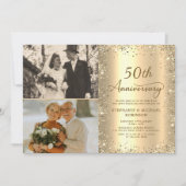 モダン ゴールドラメ 写真 50回目 結婚記念日 招待状 (正面)