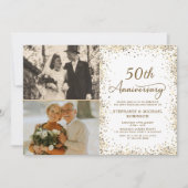 モダン ゴールドラメ 写真 50回目 結婚記念日 招待状 (正面)