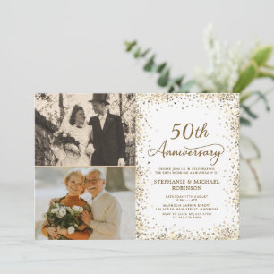 モダン ゴールドラメ 写真 50回目 結婚記念日 招待状