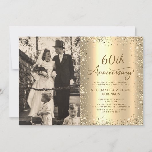 モダン ゴールドラメ 写真 60回目 結婚記念日 招待状 (正面)