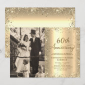 モダン ゴールドラメ 写真 60回目 結婚記念日 招待状 (正面/裏面)