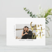 モダン ゴールド手書き風スクリプト 結婚式 写真付き日程お知らせ セーブザデート (スタンド正面)
