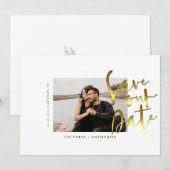 モダン ゴールド手書き風スクリプト 結婚式 写真付き日程お知らせ セーブザデート (正面/裏面)