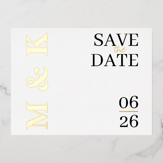 モダン ゴールド箔押し Save the Date カード (正面)