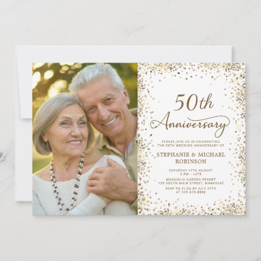 モダン ゴールド ギッター 写真 50回目 結婚記念日 招待状 (正面)