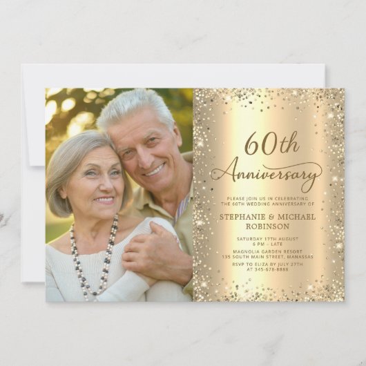 モダン ゴールド ギッター 写真 60周年 結婚記念日 招待状 (正面)