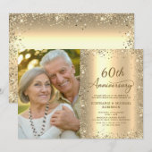 モダン ゴールド ギッター 写真 60周年 結婚記念日 招待状 (正面/裏面)