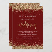 モダン ゴールド グリッター QR コード ウェディング バーガンディ 招待状 (正面/裏面)