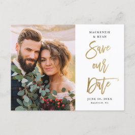 モダン ゴールド スクリプト ウェディングフォト Save The Date 案内ポストカード