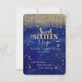 モダン ゴールド ダイヤモンド 星 青い Sweet 16 RSVP 招待状 (正面)