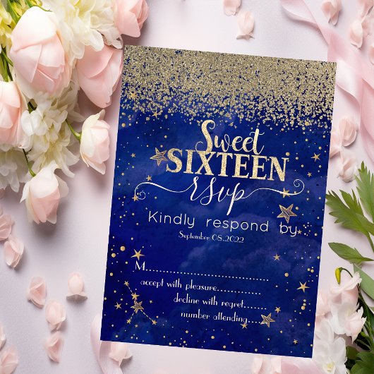モダン ゴールド ダイヤモンド 星 青い Sweet 16 RSVP 招待状
