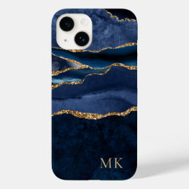 モダン ゴールド＆ネイビー マーブル アゲート モノグラム Case-Mate iPhone 14ケース