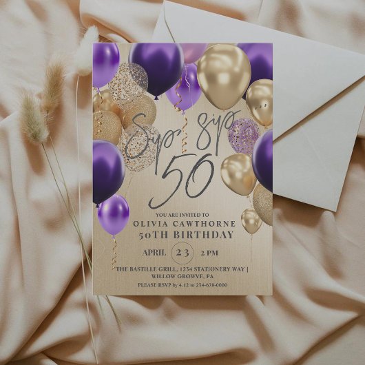 モダン ゴールド バルーン 紫 50歳の誕生日パーティー  招待状