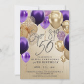 モダン ゴールド バルーン 紫 50歳の誕生日パーティー  招待状 (正面)