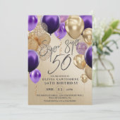 モダン ゴールド バルーン 紫 50歳の誕生日パーティー  招待状 (スタンド正面)