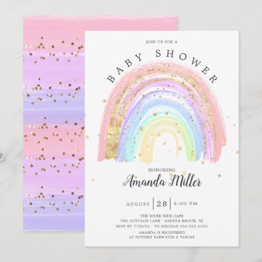 モダン ゴールド ピンク レインボー ベイビー シャワー 招待状 (正面/裏面)