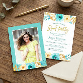 モダン ゴールド フローラル ガーリー 卒業パーティー フォト 招待状