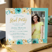 モダン ゴールド フローラル ガーリー 卒業パーティー フォト 招待状