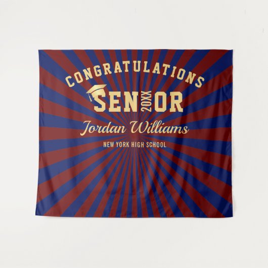 モダン ゴールド ブルー 卒業写真 背景シート タペストリー (正面(横))