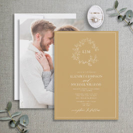 モダン ゴールド リーフィー クレスト モノグラム フォト ウェディング 招待状