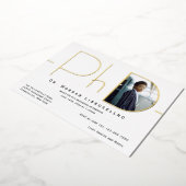 モダン ゴールド 写真 PhD 卒業式 ホイル 招待状 (回転した状態)