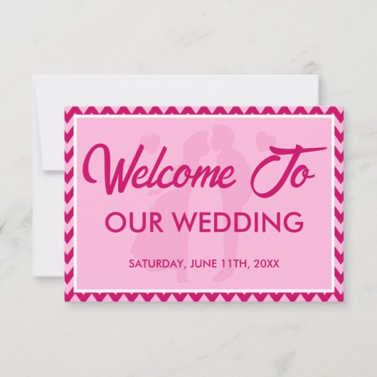 モダン・サーモンピンク・チェック柄結婚式ウェルカムカード 招待状 (正面)