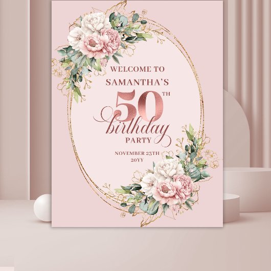 モダン・サーモンピンク・ボタニカル50歳の誕生日背景 タペストリー