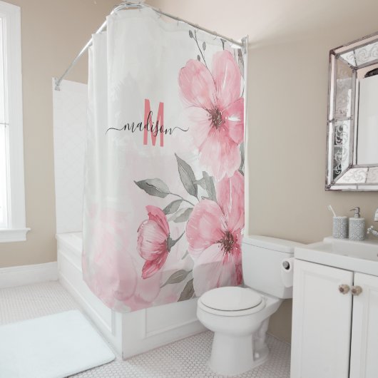 モダン シック ピンク モノグラム ユニーク スクリプト ウェディング シャワーカーテン (インサイチュ)