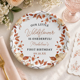 モダン シック ワイルドフラワー スクリプト 1歳の誕生日 女の子 ペーパープレート