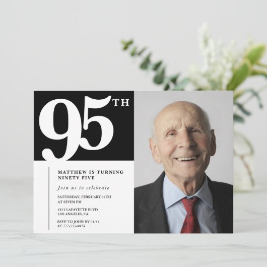 モダン シック 写真 95歳の誕生日招待状 黒 招待状 (スタンド正面)